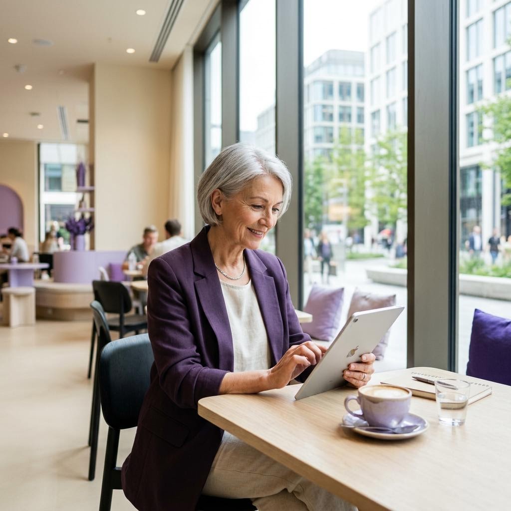 A woman uses her tablet independently in a contemporary café.